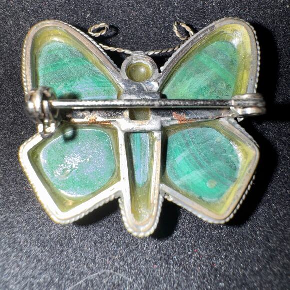 Vintage Sterling and Malachite Butterfly Brooch Pin Russia 1" - Picture 5 of 7